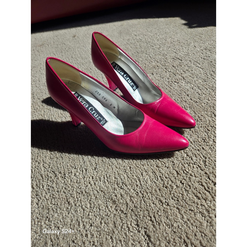 Vera Cruz Hot Pink Leather Pumps Spain Size 8M Pointed Toe Acrylic Heel vintage